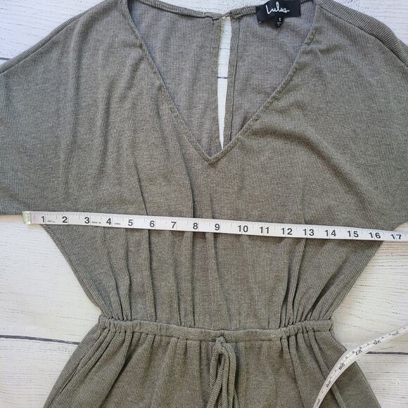 Lulus Size S Melinda Olive Green Short Sleeve Jumpsuit Ribbed Elastic Waist Tie - Picture 9 of 13
